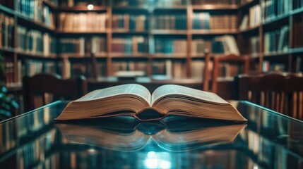 A cozy library setting with an open book on a glass table, its reflection creating symmetry.