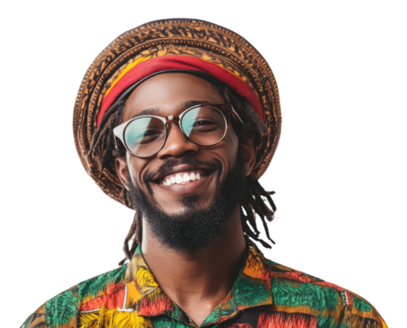 PNG Smiling man wearing glasses and traditional hat