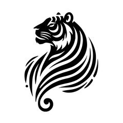Striking Black and White Tiger Design: Abstract Animal Art Graphic. This vector illustration features a majestic tiger with elegant lines and stripes, perfect for nature lovers and tattoo enthusiasts.
