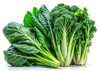 Vibrant Chinese kale and broccoli, healthy greens isolated on white.
