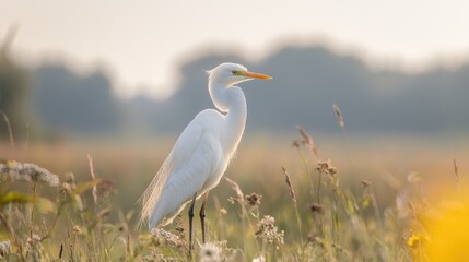 Fototapeta premium Great egret in sunrise meadow, serene nature scene, wildlife photography
