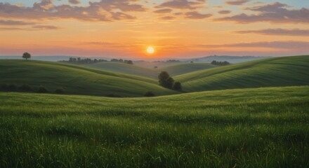 Obraz premium Stunning Sunrise Over Rolling Green Hills Landscape
