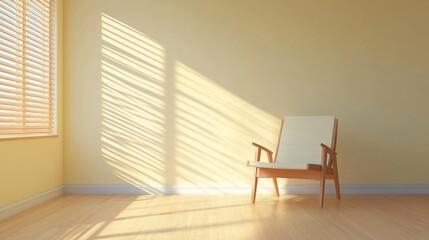 Fototapeta premium Serene Minimalist Room Interior Design Sunlight Streaming Through Window Blinds onto Wooden Chair and Light Hardwood Floor
