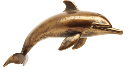 Golden dolphin statue leaping with transparent background