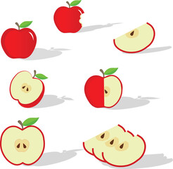 Set of Red Apple, Farm fresh Apple product emblem for grocery shop, Slides, long and cross sections, and different positions, simple flat vector illustration of vegetables and fruits