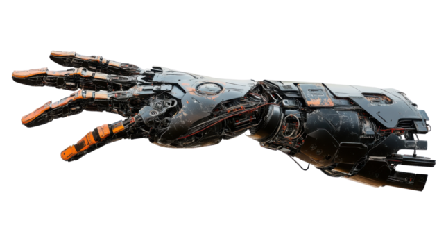 Robotic arm reaching out on transparent background