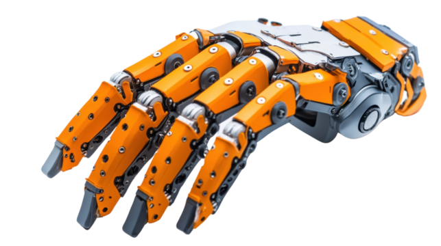 Orange and grey robotic hand reaching forward on transparent background