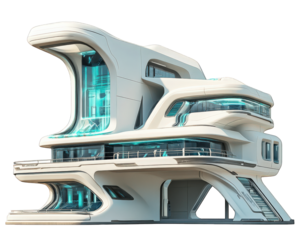 Futuristic building with sleek design and glass elements, showcasing sci fi architecture and innovative features. stunning example of modern construction