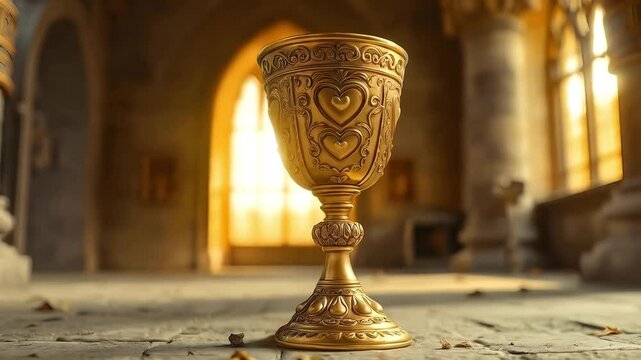 Ornate gold chalice with intricate heart designs, illuminated by warm light in an ancient setting