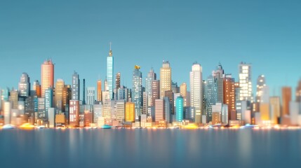 Obraz premium Stunning Cityscape at Twilight Modern City Skyline Panorama with Illuminated Buildings Reflected in Water