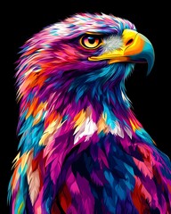 Fototapeta premium Vibrant neon colored portrait of an eagle on a black background