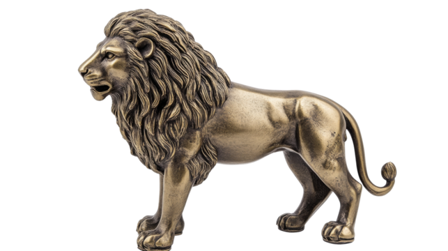 Majestic bronze lion statue standing proudly on transparent background