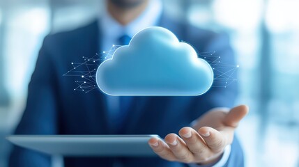 Businessman in suit utilizes tablet with cloud icon, enhancing efficiency and seamless connectivity in the digital era