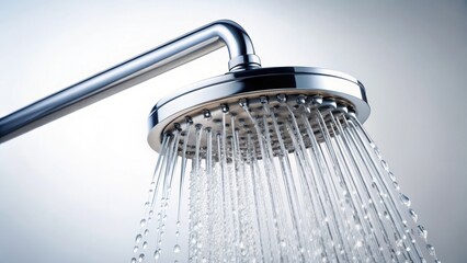 A modern showerhead with a strong water stream creating a high contrast against the white background, contrast