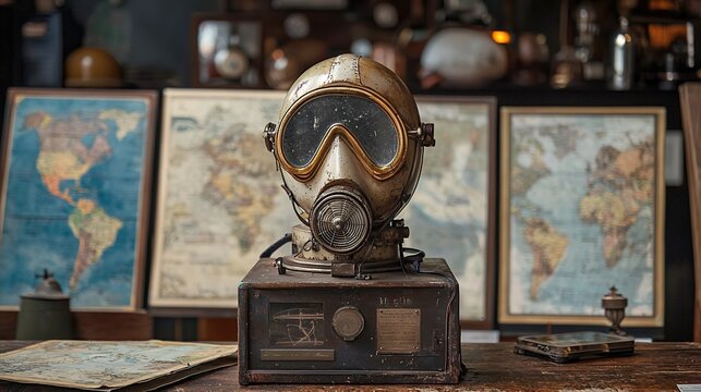 Vintage Diving Helmet on Antique Box with World Maps Background: An Eerie Still Life - Powered by Adobe