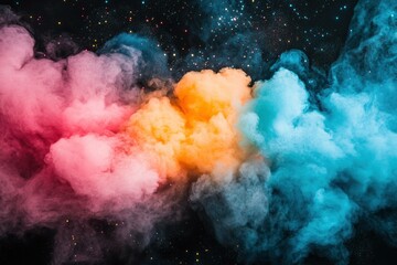 Fototapeta premium Abstract colorful smoke clouds in vibrant shades of pink, orange, and blue against a dark starry background, creating a cosmic feel and dreamy atmosphere