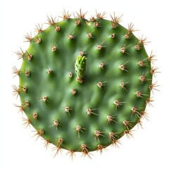 A thorny opuntia cactus pad with a tiny flower bud, high-definition