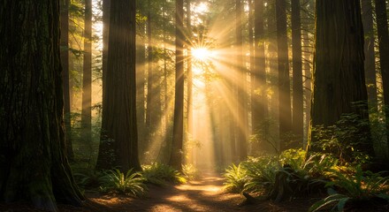 Obraz premium Sunbeams Through Redwood Forest Path Landscape Photography