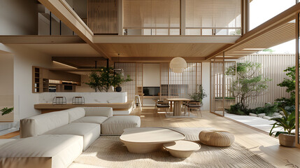 Minimalist, japandi interior design of modern living or dining room