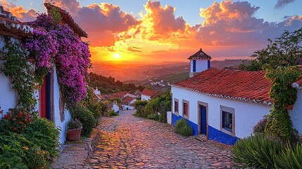Naklejka premium Sunset over a charming Portuguese village cobblestone street