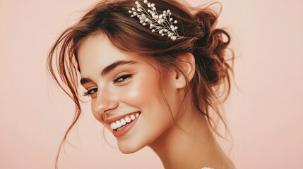 Naklejka premium A happy young woman with her hair styled in loose waves, with a beautiful pearl hair clip.