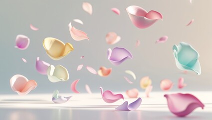 Pastel flower petals floating down in a gentle dance light and dreamy background