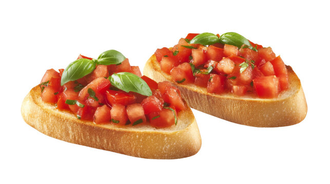 Two bruschette with tomatoes, basil and transparent background, floating in the air