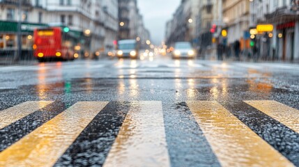 Obraz premium Rainy City Street Scene Wet Crosswalk Traffic Blurred Background Urban Landscape
