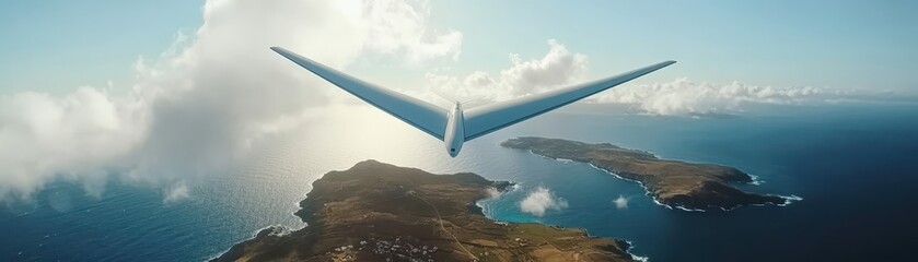 Serene aerial journey, airplane soaring above vast ocean and fluffy cloudscape tranquil