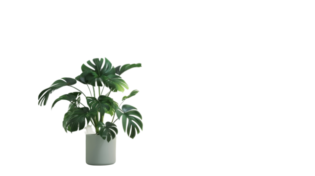 Monstera deliciosa plant growing in a white pot with transparent background