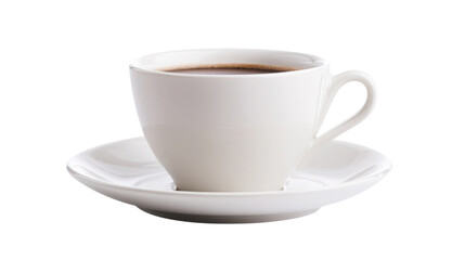 White coffee cup filled with coffee resting on a matching saucer on transparent background