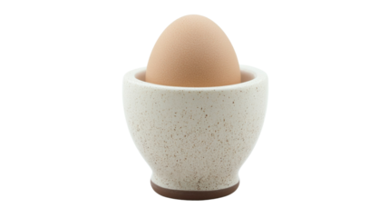 Single brown egg standing in white ceramic egg cup with transparent background