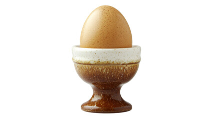 Brown egg standing in ceramic egg cup on transparent background