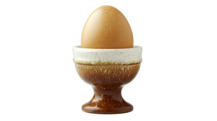 Brown egg standing in ceramic egg cup on transparent background
