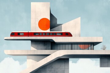 A vintage-style poster featuring a partially constructed train station, with bold typography and muted earthy tones evoking a bygone era