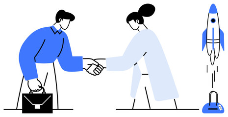 Two people shaking hands, one holding a briefcase. Rocket launching nearby. Ideal for themes of partnership, business deal, entrepreneurship, investment, collaboration success growth. Line metaphor