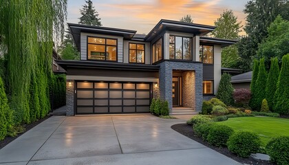 Fototapeta premium Modern Luxury Home Evening Sunset Exterior Design