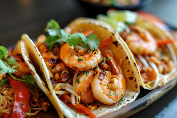 Fusion Pad Thai Tacos with Stir-Fried Noodles, Tofu, Shrimp and Thai Chili Sauce