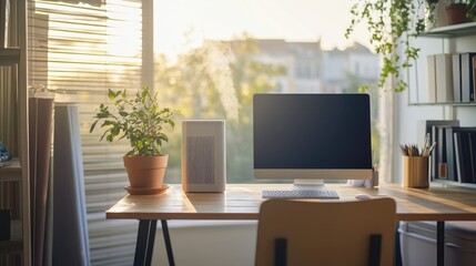 Fototapeta premium A home office setup with an air purifier ensuring a fresh and clean workspace.