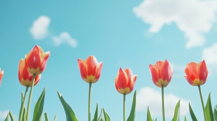 Vibrant Orange and Yellow Tulips Blooming Under a Sunny Spring Sky A Beautiful Floral Background Image