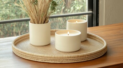 Two burning candles and dried flowers on a round tray.
