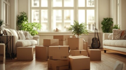 A living room filled with neatly packed moving boxes, waiting to be unpacked in a new house.