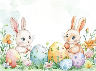 Obraz premium Cute watercolor illustration of two bunnies with colorful Easter eggs surrounded by spring flowers and greenery in a cheerful setting