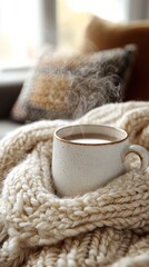 A steaming cup of coffee rests on a cozy knit blanket, inviting warmth and comfort in a serene living room. Soft sunlight filters through the window, enhancing the peaceful atmosphere