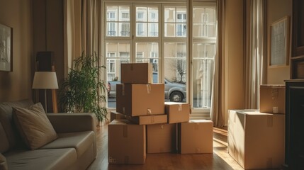A living room with large cardboard boxes stacked, with a moving truck visible outside the window.