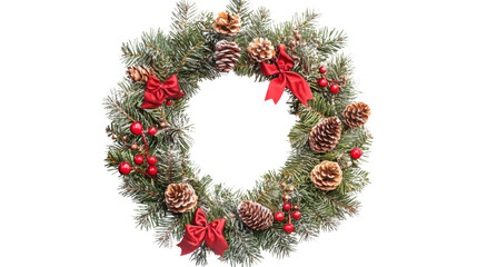 Christmas wreath with pine cones, red berries, and red bows on transparent background