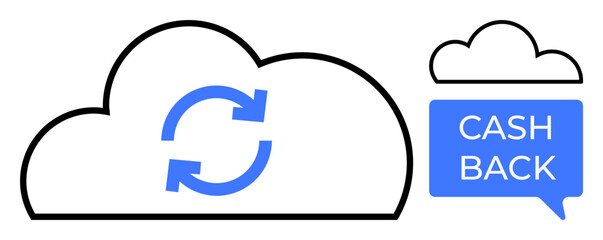 Cloud with circular arrows signifying synchronization, beside smaller cloud containing a CASH BACK speech bubble. Ideal for finance, technology, online services, customer loyalty, digital