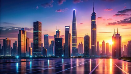 Obraz premium Minimalist city skyline at sunset with futuristic skyscrapers and neon lights, technology, urban, technology