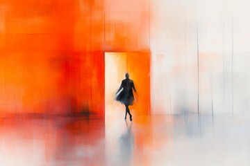 A watercolor painting of a person rushing toward a glowing door, with blurred motion lines and warm tones conveying a sense of immediacy and urgency