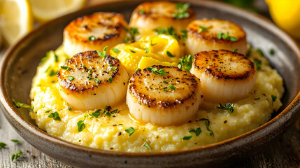 Seared Scallops with Creamy Polenta, Lemon